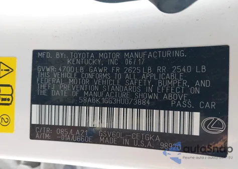 2017 Lexus Es 350 z USA, uszkodzony, nr VIN 58ABK1GG3HU073884